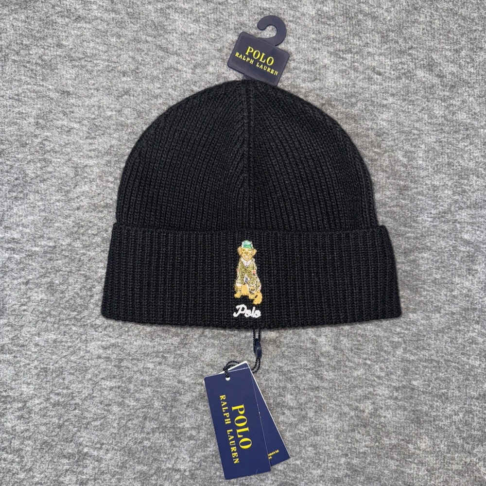 Polo Ralph Lauren Preppy Golden Retriever Dog Rib Beanie Wool Blend Black NEW